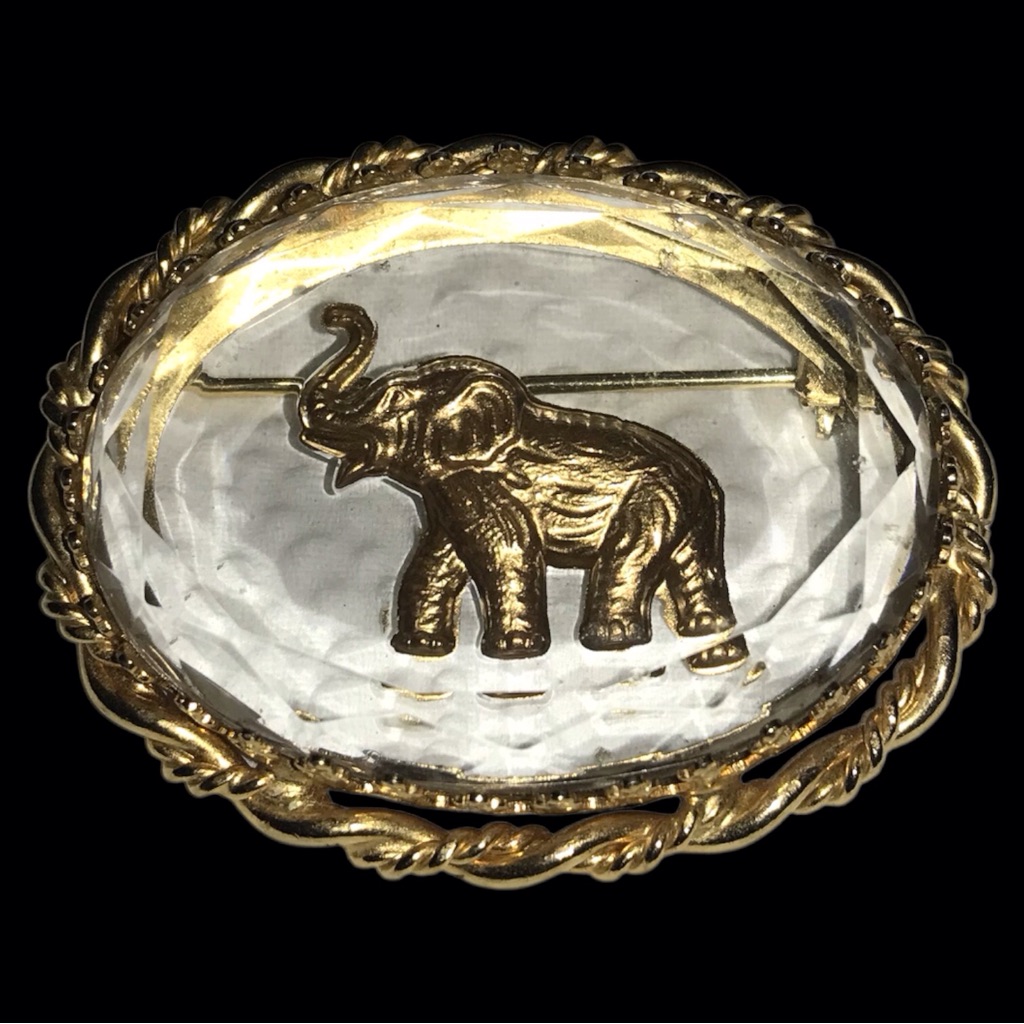 Vintage Goldtone Color Elephant Inside A Glass Brooch